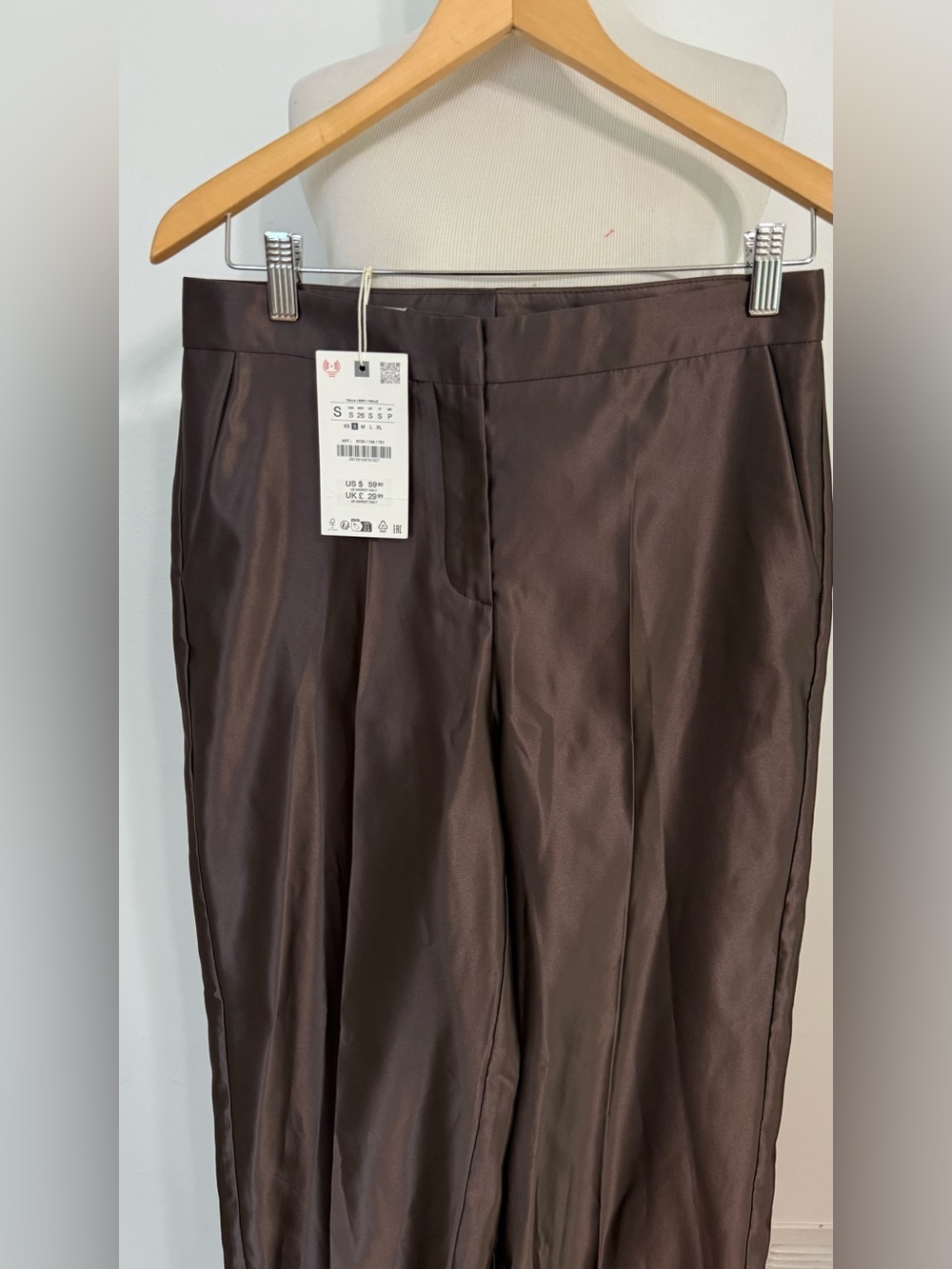 NWT Zara Satin High Waisted Wide Leg Pants Brown Size Small - Picture 3 of 7